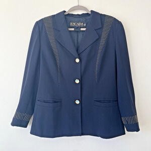 Escada Margaretha Ley VTG Iridescent Logo Buttons Gold Thread Blue Blazer 42/L